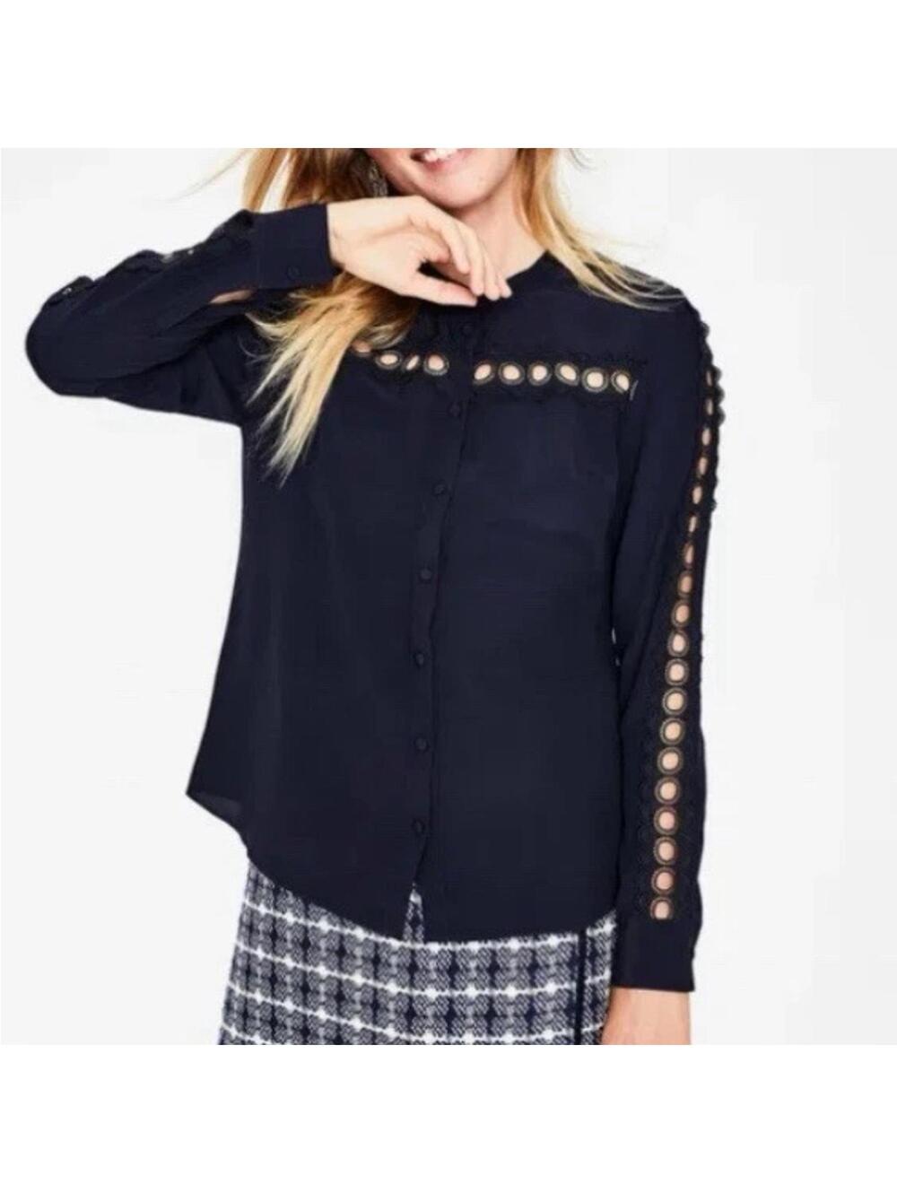 Boden Amara Navy Women's Blouse with Lace Cut-Out Details Size 10